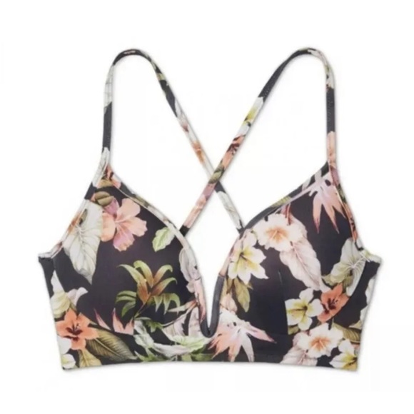 Shade & Shore NWT Dream Gray Floral Light Lift Criss Cross Back Bikini Top 34DD - Picture 2 of 5